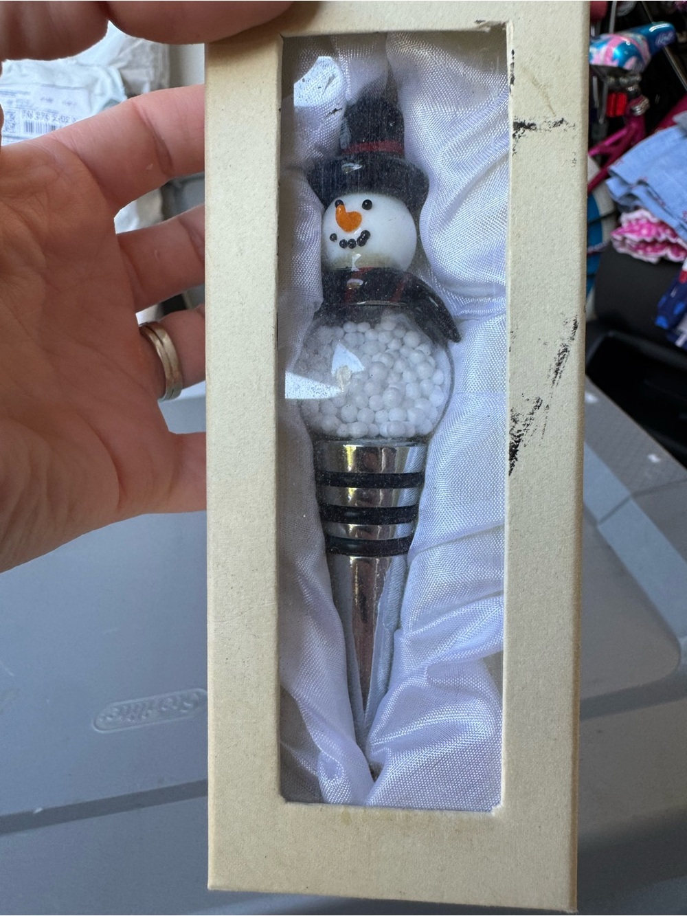 Snowman Glass Globe Bottle Stopper - White, Black, Orange